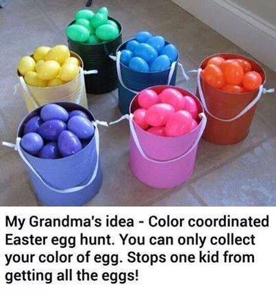 Great Idea for a fair Easter Egg Hunt. Each child can only collect their colored egg. This prevents one child from grabbing all the eggs.: 